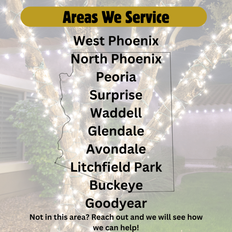 Map showing areas served for Christmas light installation in West Phoenix, Peoria, Surprise, Glendale, Avondale, and surrounding Arizona cities